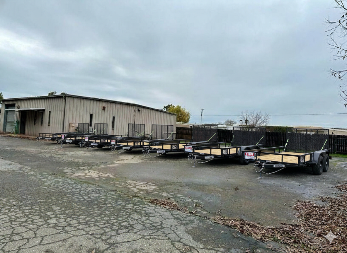 DW Landscaping Trailers lined up in the yard at I-80 Trailer Store